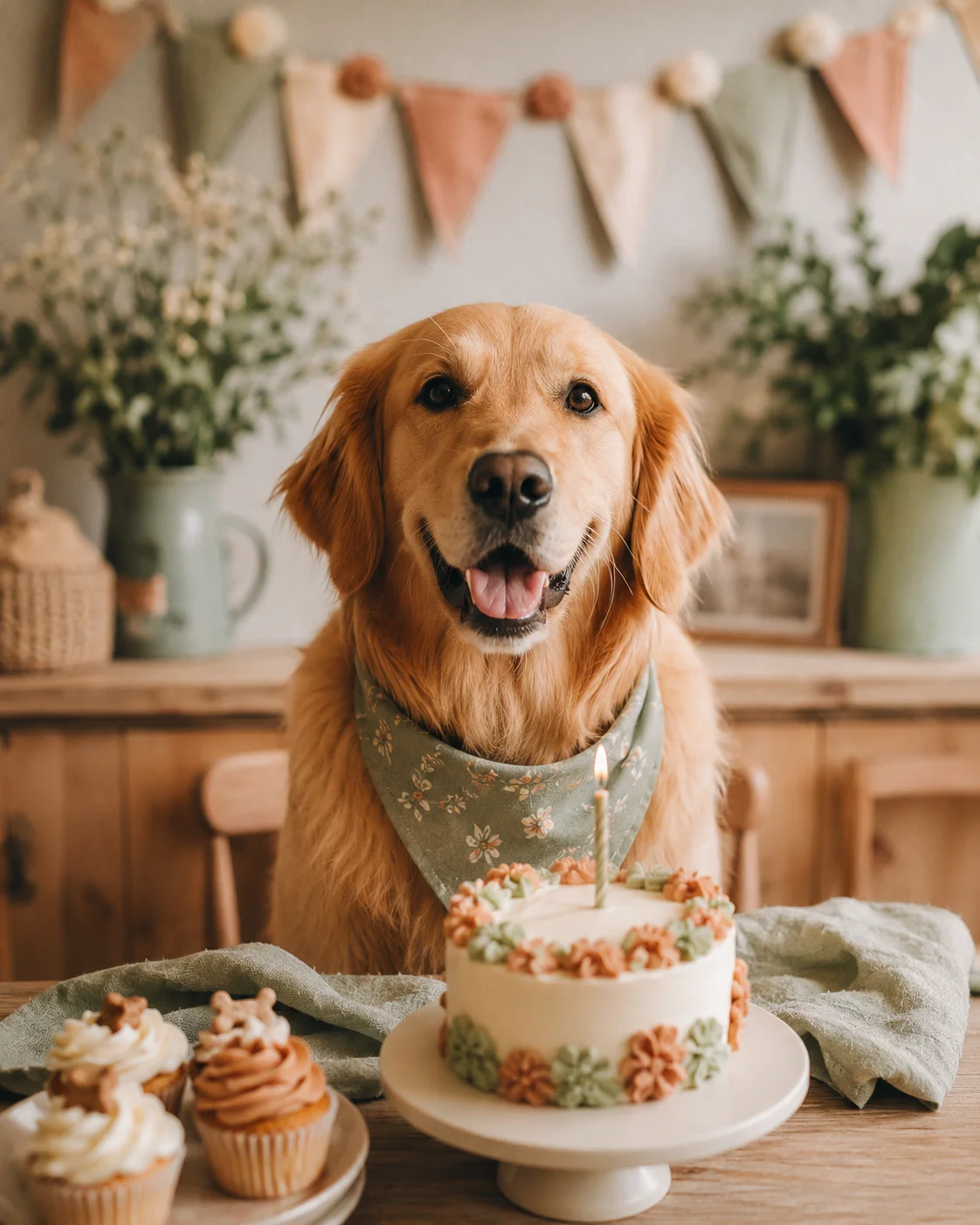 Perro al lado de una torta de cumpleaños casera
